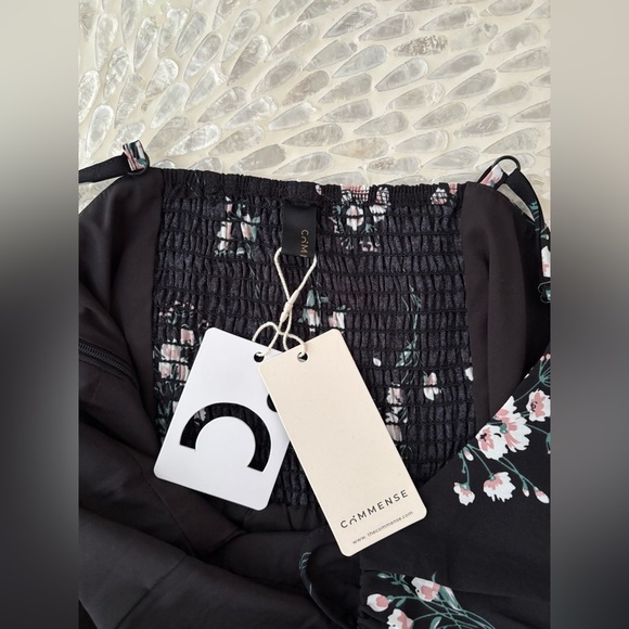 NWT** Commense Floral Black Midi Dress Y2K Ruched Peasant Milkmaid Large - Picture 3 of 7